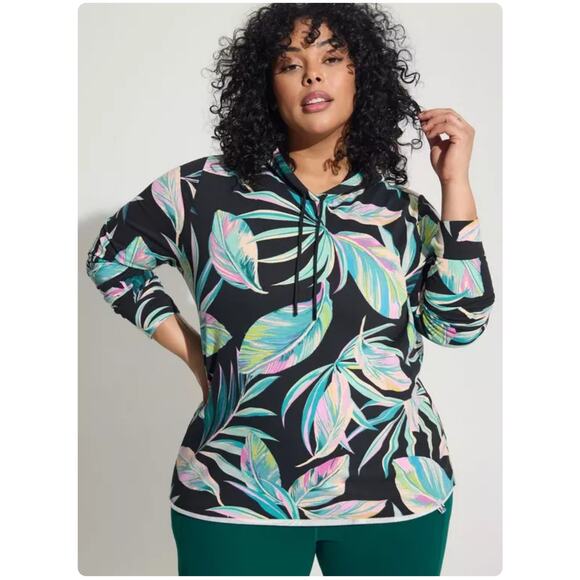 Torrid Active Black Neon Tropical Floral Hooded Casual Active Sweatshirt L - Picture 1 of 13